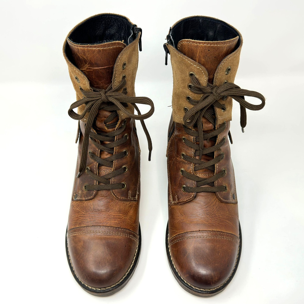 Taos Crave Combat Ankle Boots Womens 9-9.5 EU 40 Brown Leather Suede Side Zip - Picture 11 of 16